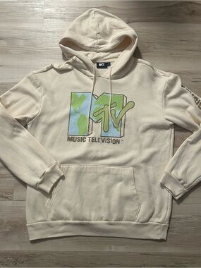 MTV Music Television Cream Hoodie Pullover Sweatshirt Extra Large